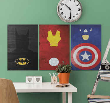 Canvas print with superheroes. It shows logos of different superheroes such as Baatman, Captain America and others. You can hung it easily.
