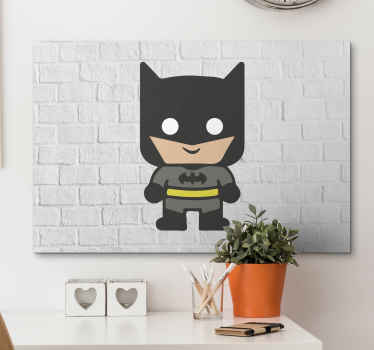 Canvas print with a baby batman, easy to hang on a wall. Made of high quality materials. It presents a small batman on a white bricky background.