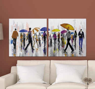 Canvas print with people in rain. The pattern shows a crowd with colorful umbrellas. Made of high quality materials. Check it out!