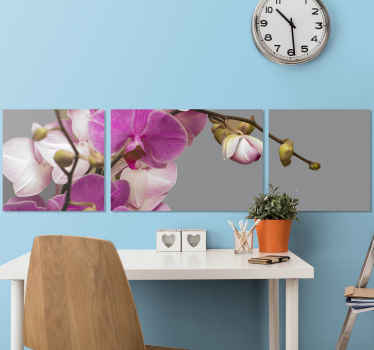 Orchid canvas print which features a close up image of a purple and white orchid with a grey background. +10,000 satisfied customers.