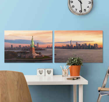 Bela tela do horizonte da cidade de nova york feita em duas telas para embelezar casas, escritórios, salas de estar, salas de visitantes, negócios, espaços, etc.