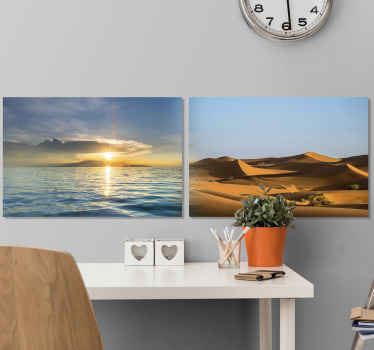 Uma impressão dupla de arte em tela moderna com diferentes designs de paisagem, uma representando uma duna de areia do deserto e a outra um mar com o pôr do sol.