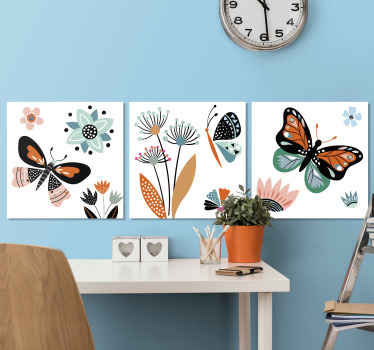 Borboletas e telas de viveiro de flores. Flores simples coloridas e borboletas diferentes em cores pintadas. Envio imediato!