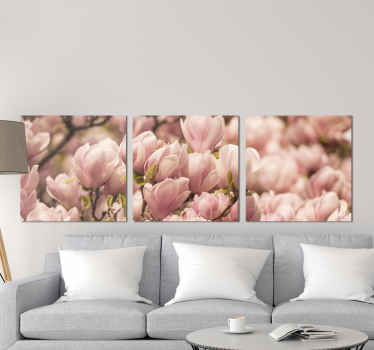 Tela de flores rosa magnólia. Desig com árvore de magnólia detalhada e flores cor de rosa. Decore suas paredes. Obtenha com envio imediato!
