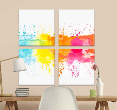 Pintura cores respingo arte abstrata da parede da lona fundo branco com salpicos coloridos de tinta. Amarelo, laranja, verde, rosa e azul!