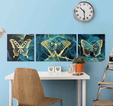 Arte da parede da lona da borboleta do fundo moderno. Fios azuis de fumaça com uma borboleta dourada. Decore suas paredes. Obtenha remessa imediata!