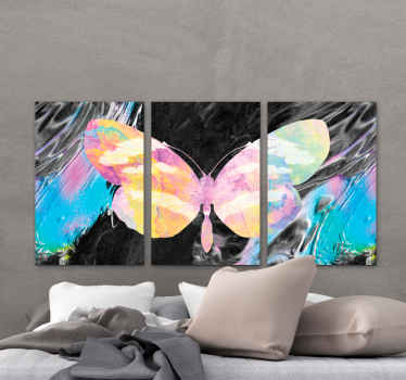 Borboleta com arte da parede da lona de cores diferentes. Fundo greysacale com borboleta psicodélica e detalhes. Envio imediato!