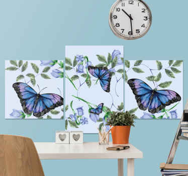padrão de flor com arte da parede da lona da borboleta. Fundo claro do ble com flores e folhas. Borboletas detalhadas em azul escuro. Obtê-lo agora!