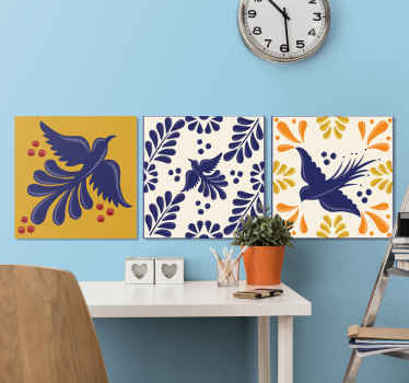 Azulejos com flores e arte em tela de pássaros. Desenhos coloridos e variados com penas e pássaros em um visual híbrido. Envio imediato!