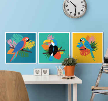 Pássaro colorido tropical da lona art. Painéis threee. Fundo colorido e pássaros tropicais com cores diferentes. Envio imediato!