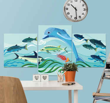 Lona de peixes do oceano de golfinhos. Esquema de cores azul com motivos de desenhos animados de golfinhos e peixes pulando da água. Obtenha remessa imediata!