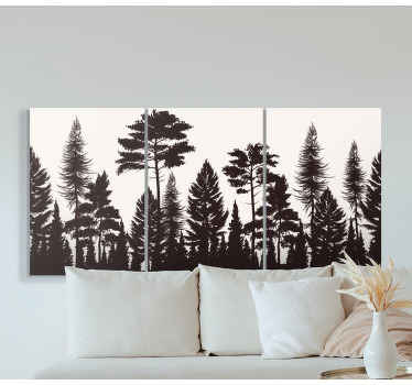 Silhueta da floresta arte da parede de árvore canvasç. Fundo branco com delicada fileira de árvores na cor preta. Decorar. Obtenha remessa imediata!