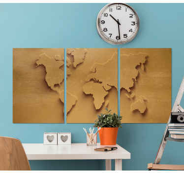 Tela dourada do mapa do mundo 3d. Cor dourada e mapa vindo do fundo. Decore suas paredes. Obtê-lo agora. Envio imediato!