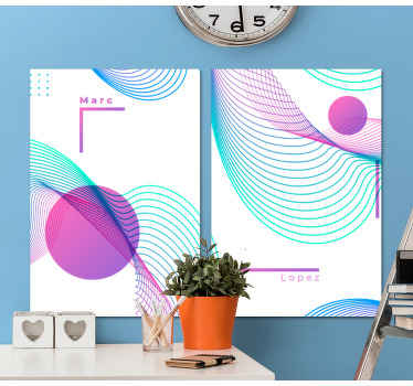 Tela personalizada com logotipo multicolorido. Fundo branco com linhas de cores azuis e roxas. Formas geométricas. Obtê-lo agora!