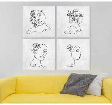 Definir impressões de parede de quarto de mulher linear de mão desenhada. Fundo de textura branca com motivo de contorno de um rosto de menina e flores. Obtê-lo agora!