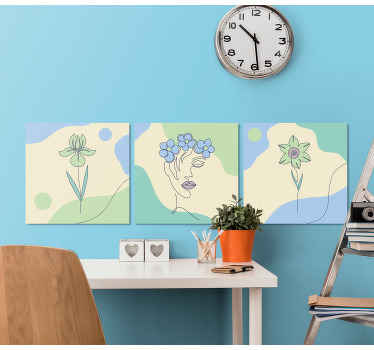 Menina e flor imprime estilo minimalista de parede. Três painéis com fundo pintado e motivos florais. Decorar. Envio imediato!