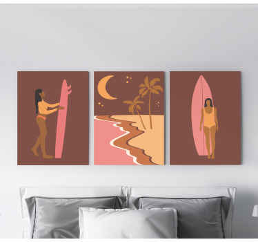 Parede do quarto minimalista do estilo da praia da menina. Fundo marrom. Projeto de praia com surfista. Decore suas paredes. Envio imediato!