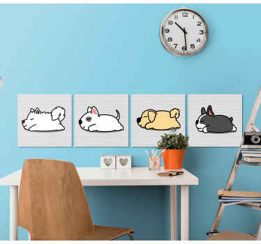 Impressão em tela para casa com desenho de vários cães preguiçosos dormindo, ideais para você dar um clima carinhoso à decoração do quarto dos seus filhos.