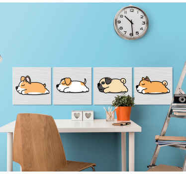 Impressão em tela de animais com a ilustração de quatro cachorros preguiçosos dormindo, ótima para você dar um toque carinhoso à decoração do quarto dos seus filhos.