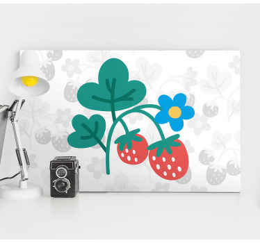 Arte da parede da lona com a ilustração de uma bela flor animada em azul com lindos morangos em um fundo branco.