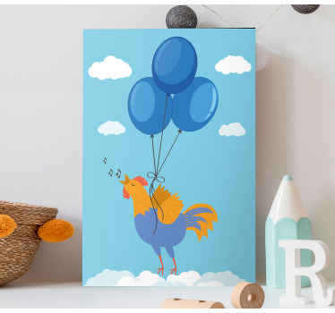 Cuadro aves Pollito volador con globos azules - TenVinilo