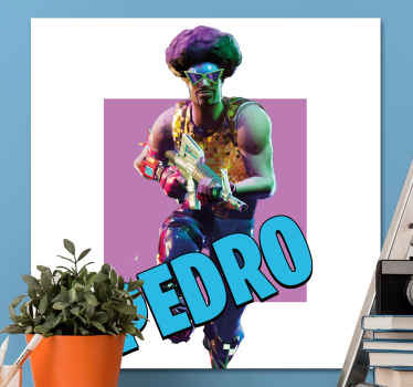 Impressões de parede de quarto de personagem de discoteca. Fundo branco com quadrado roxo no meio e personagem temático disco com nome personalizado.