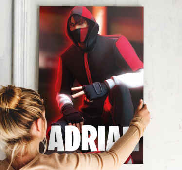 Personagem com estampas de parede do quarto de máscara. Obtenha este produtoque tem um personagem vestido de vermelho com um nome feito sob encomenda. Obtenha remessa imediata!
