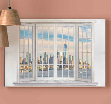 East river ved daggry gennem vinduet lærredstryk - TenStickers