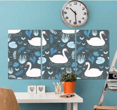 Impressões de parede de quarto de padrão de desenho animado swann. Fundo azul com desenhos animados lírio-anúncios e cisnes. Mude o visual. Envio imediato.