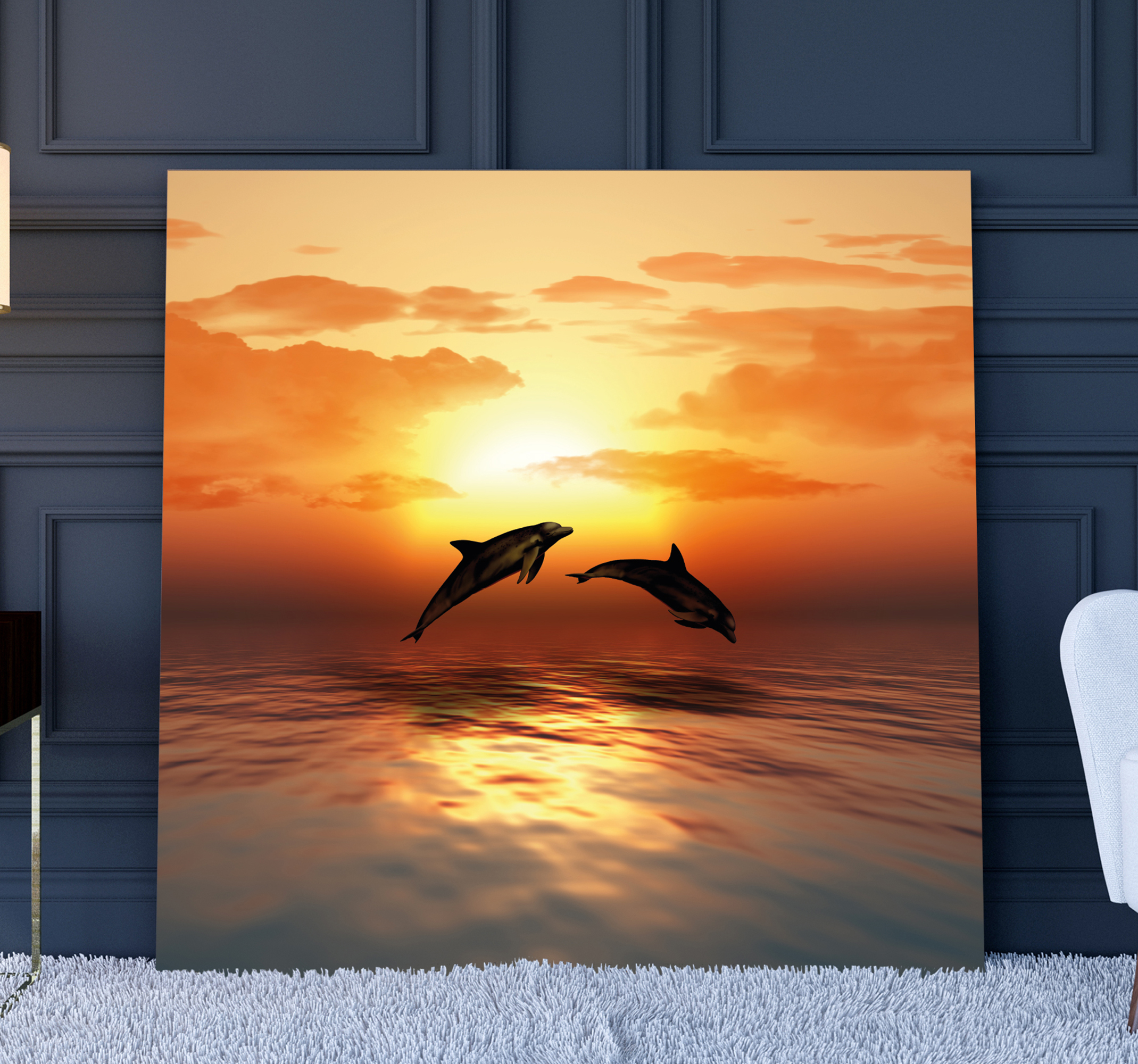 Cuadro animales delfines saltando al atardecer