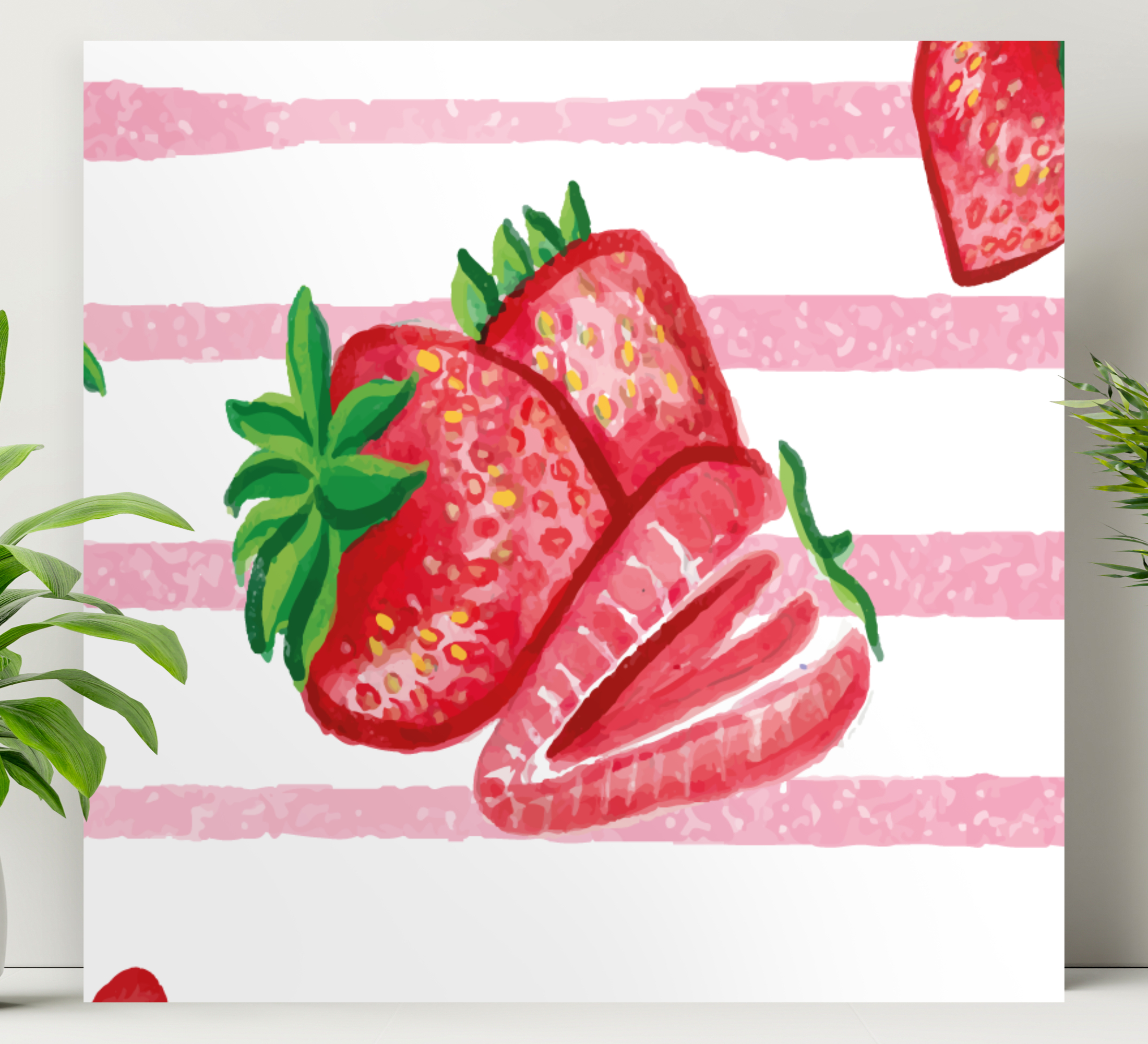 Cuadro de bodegones Fresas pintadas con fondo rayado