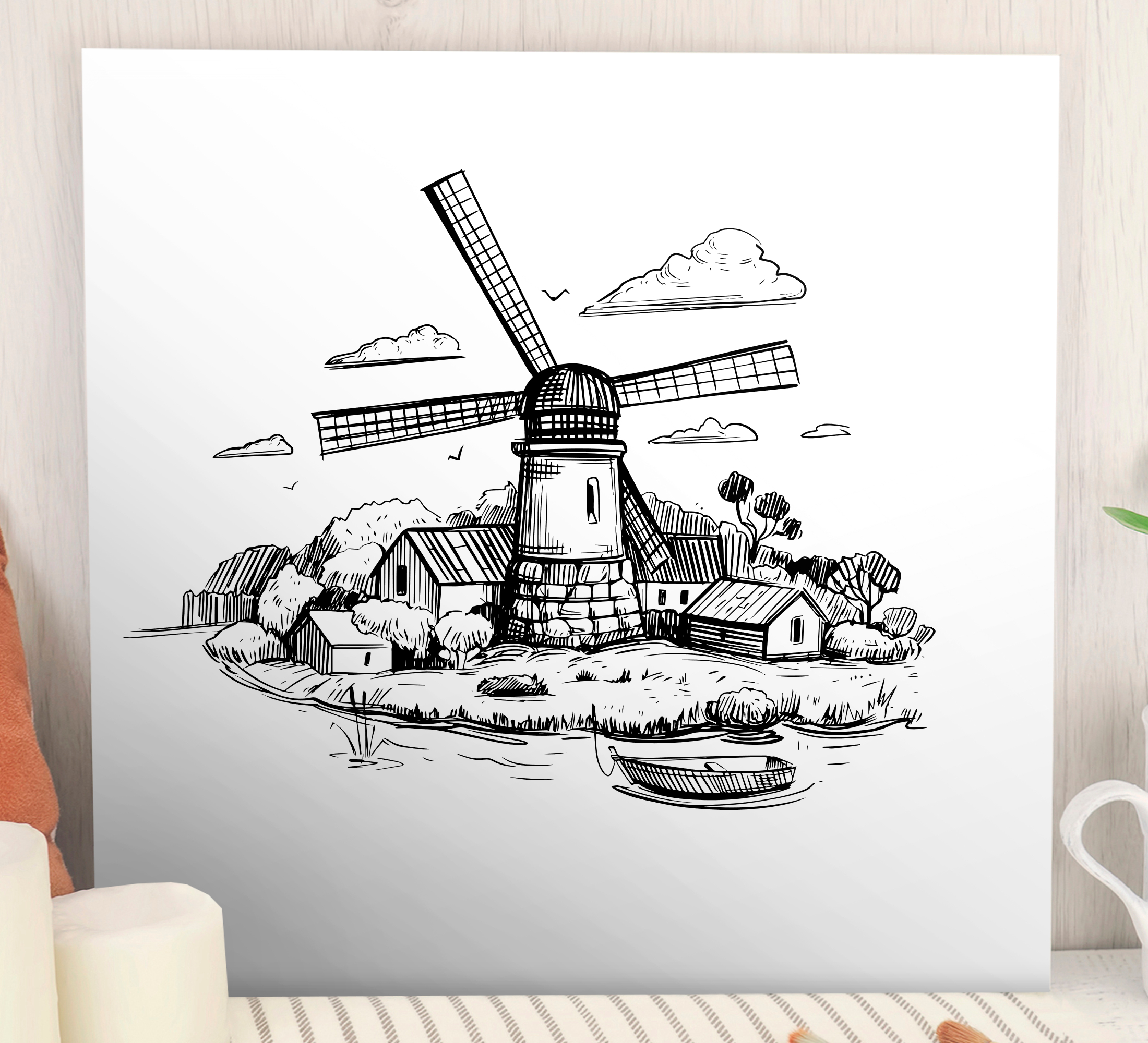 Cuadro para niños Dibujo de pueblo blanco y negro