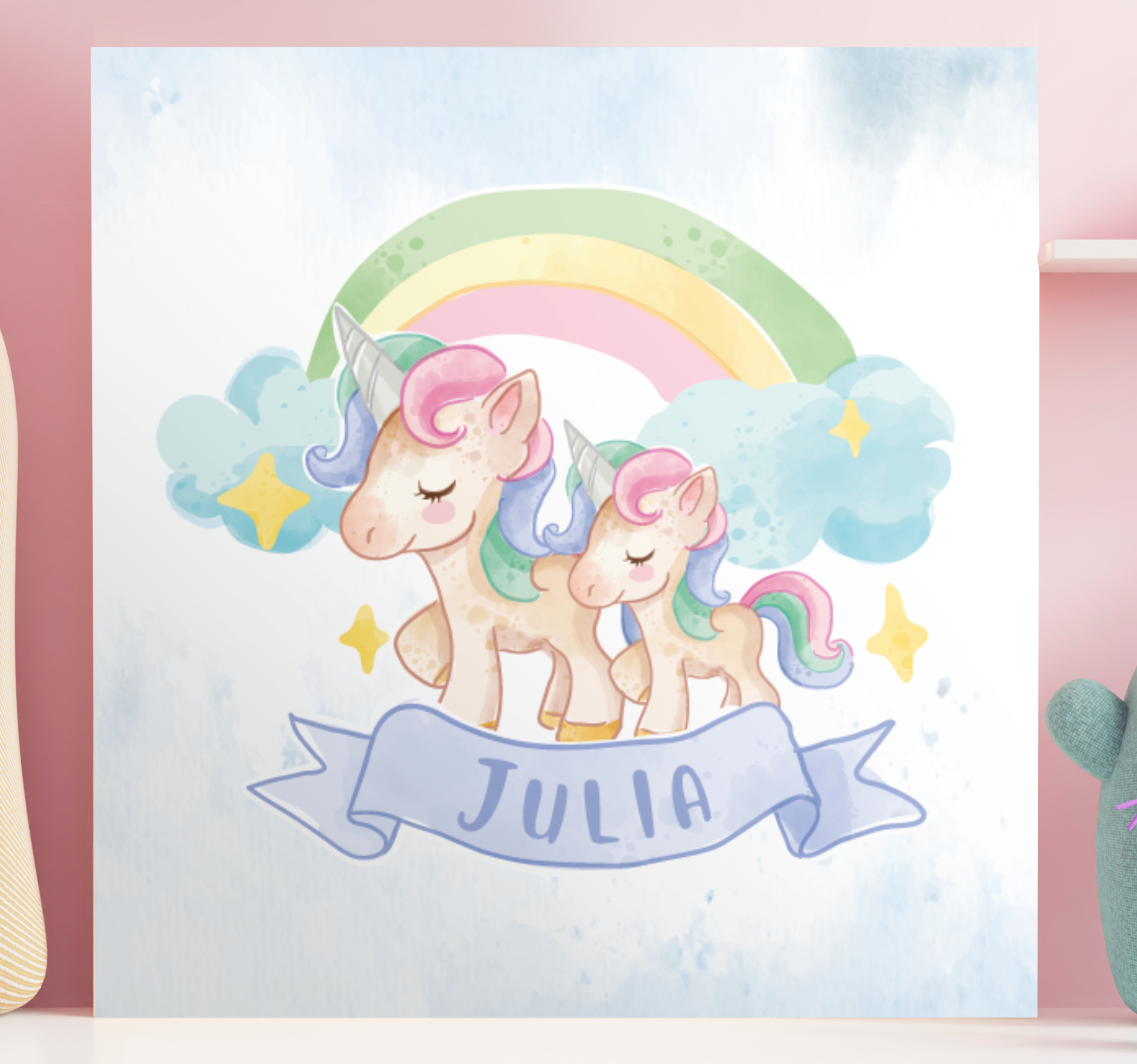 Cuadro infantil Unicornios felices sobre un arcoiris