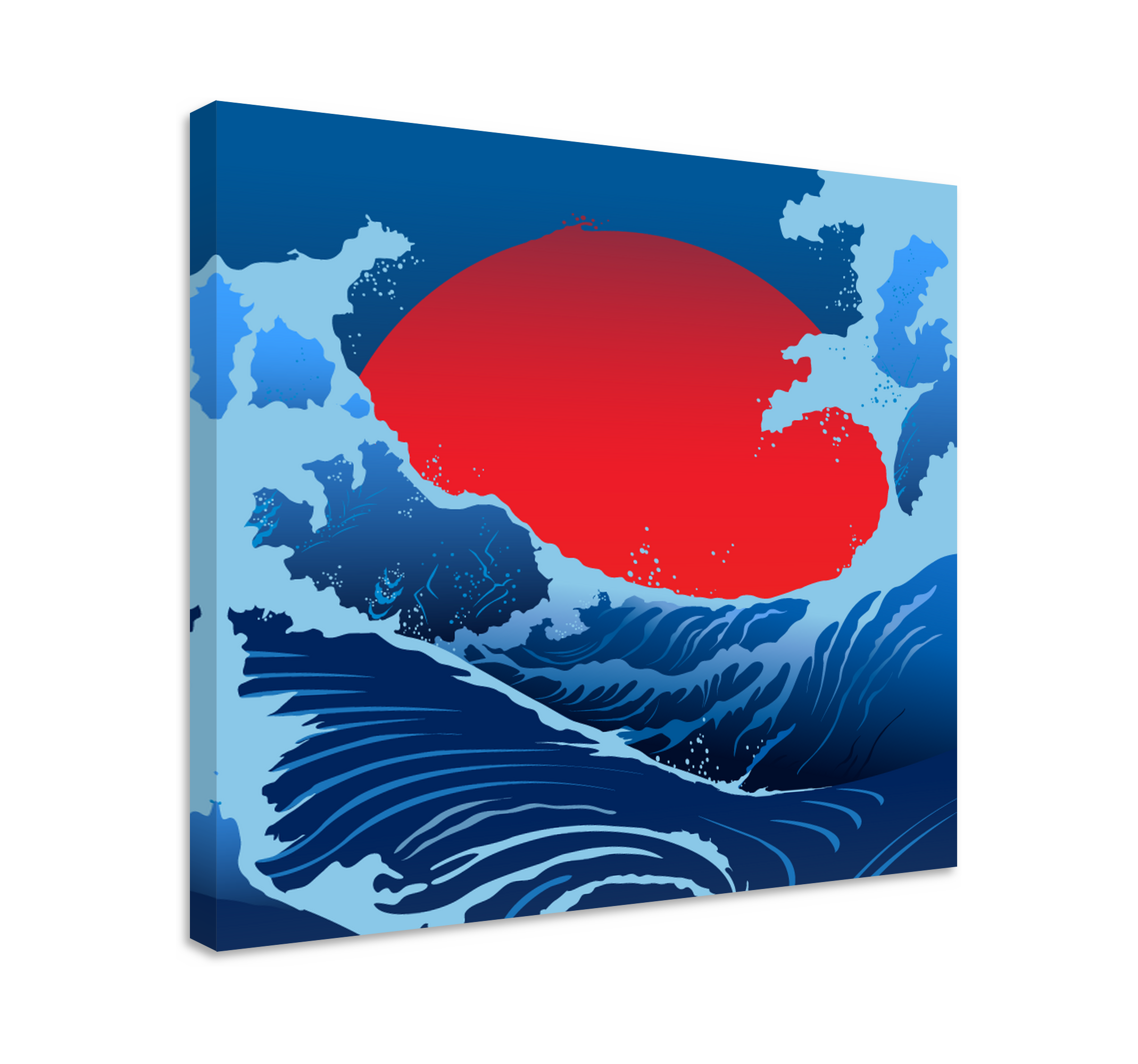 Quadro com paisage Nascer do sol do oceano TenStickers. Quadro com paisage Nascer do sol do oceano. Impressão em tela de paisagem com a ilustração de um mar com grandes ondas e um grande sol no fundo representando um lindo nascer do sol.