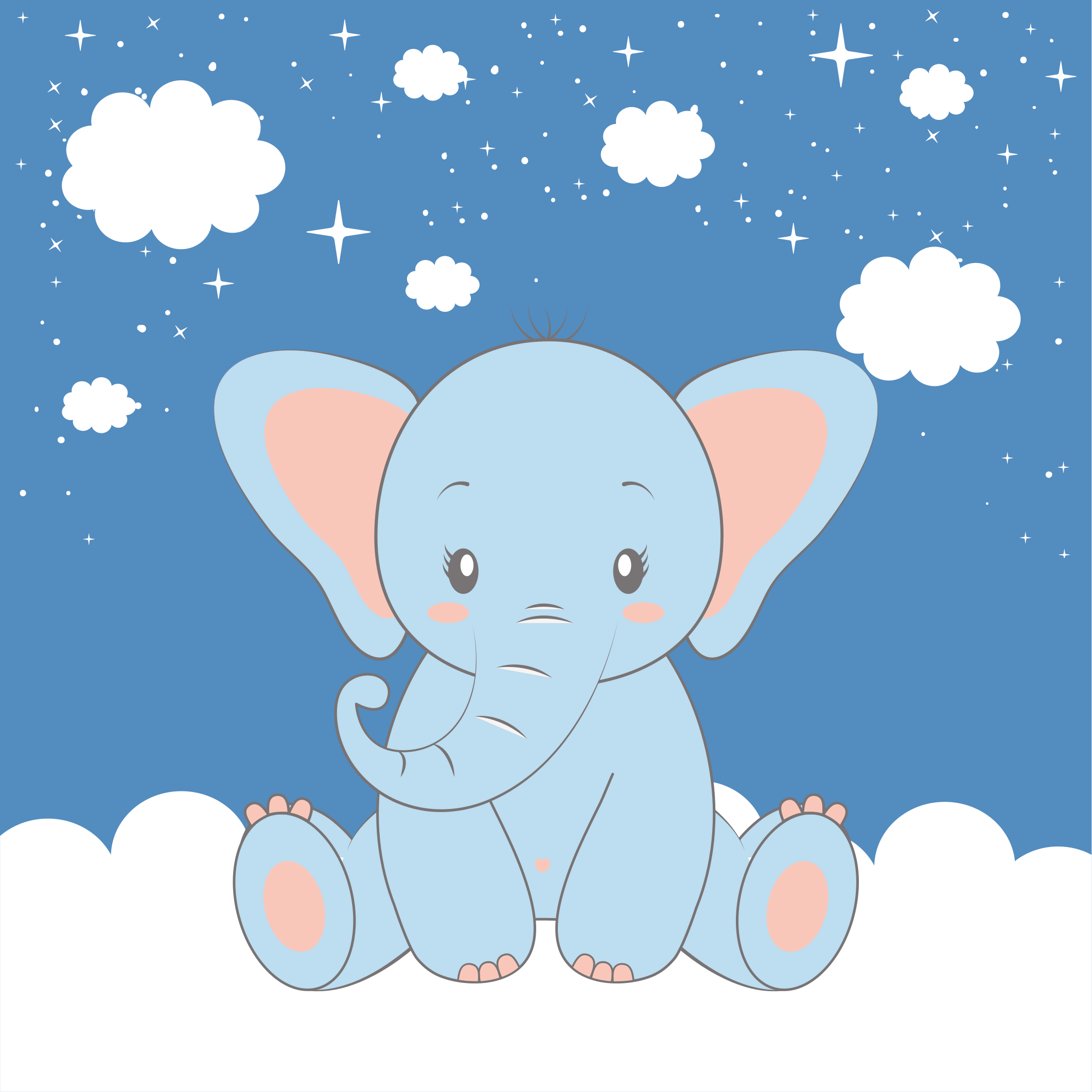 Cute baby cartoon elephant blue wall pictures for nursery - TenStickers