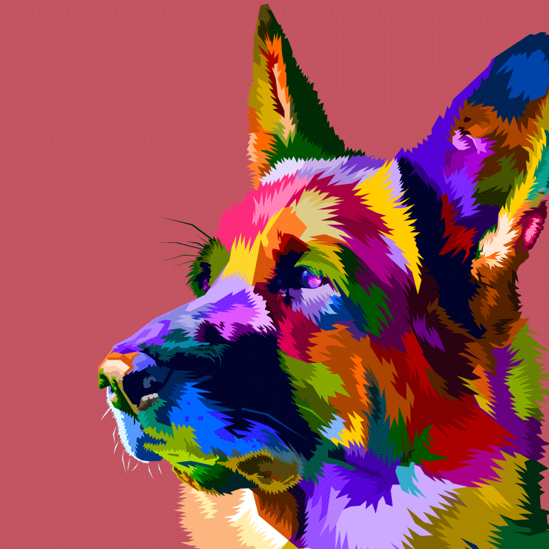 Uma pintura de um velho cão pastor inglês com uma cabeça colorida de  arco-íris