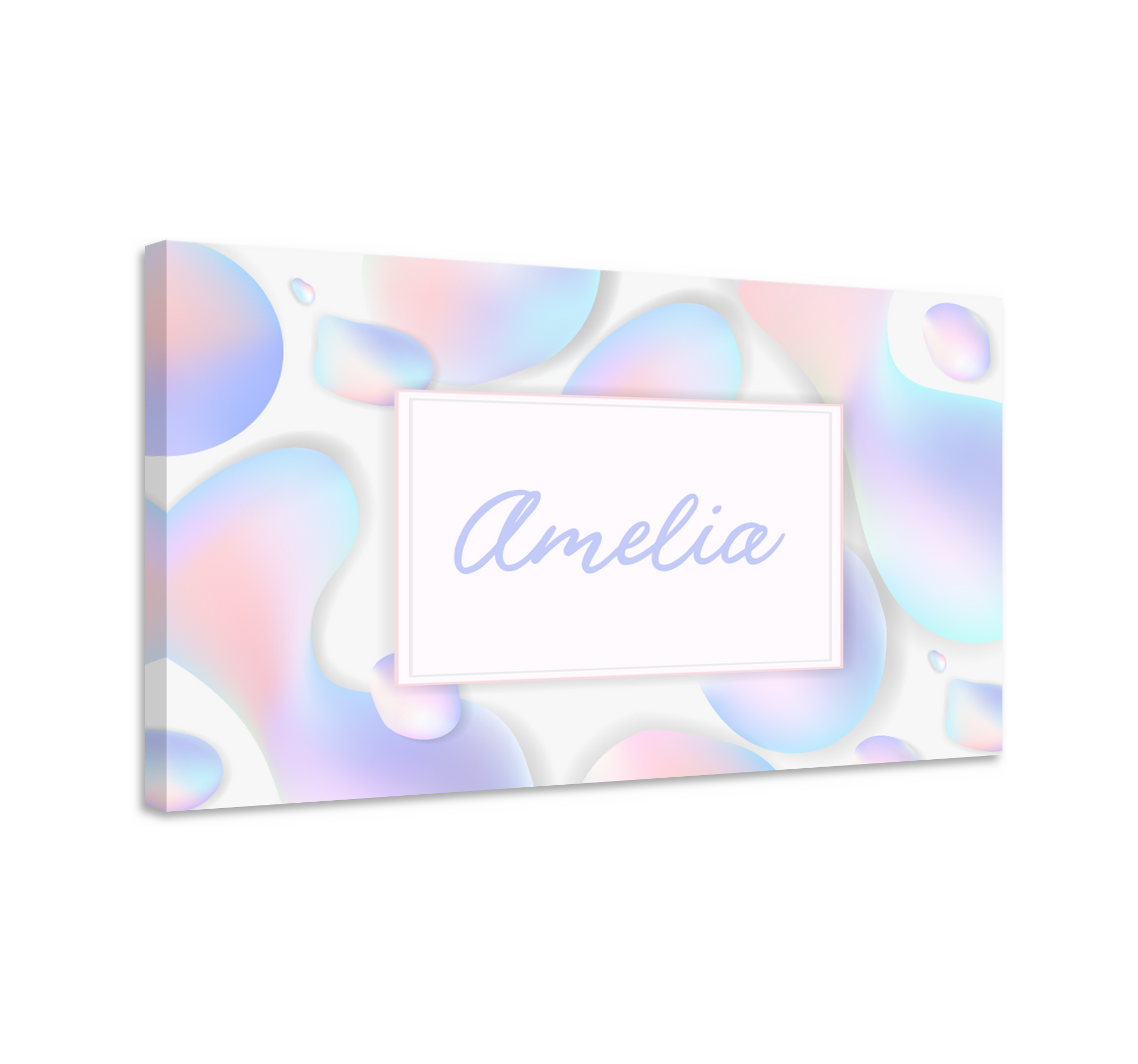 Quadro Decorativo com nome Fluido gradiente TenStickers. Quadro Decorativo com nome Fluido gradiente. Tela personalizada de fluido gradiente. Fundo branco com formas líquidas fluidas em diferentes cores e um quadrado branco com caligrafia roxa clara.