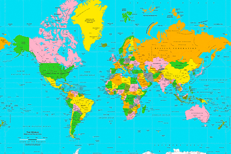 Coloured Atlas world map art canvas