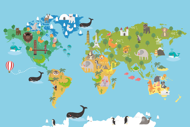 Cuadro mapa mundi Animales de dibujos animados - TenVinilo