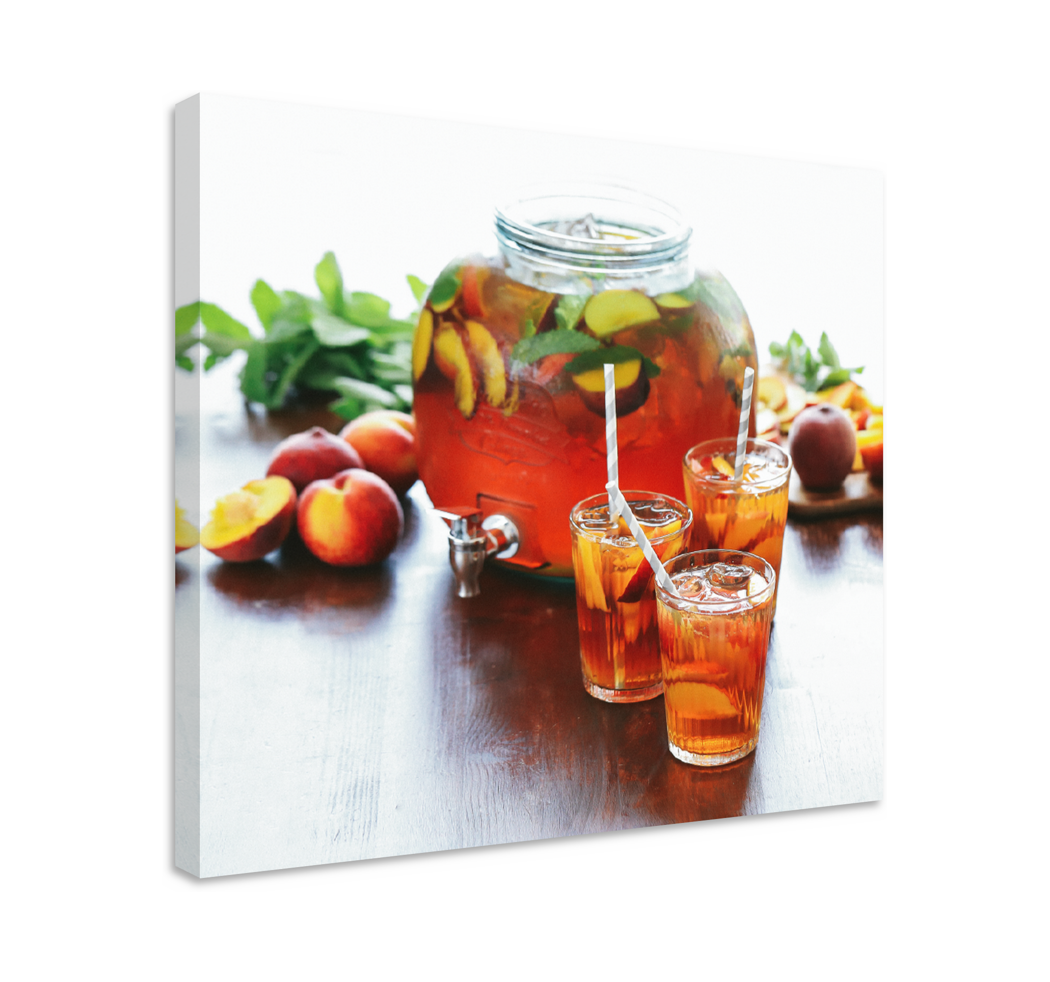 Quadro Decorativo de vinícola Pêssegos e copos de vidro TenStickers. Quadro Decorativo de vinícola Pêssegos e copos de vidro. Pêssegos e copos de vidro, lonas de frutas. Chá de pêssegos com copos e chá. Decore suas paredes. Obtenha com envio imediato!