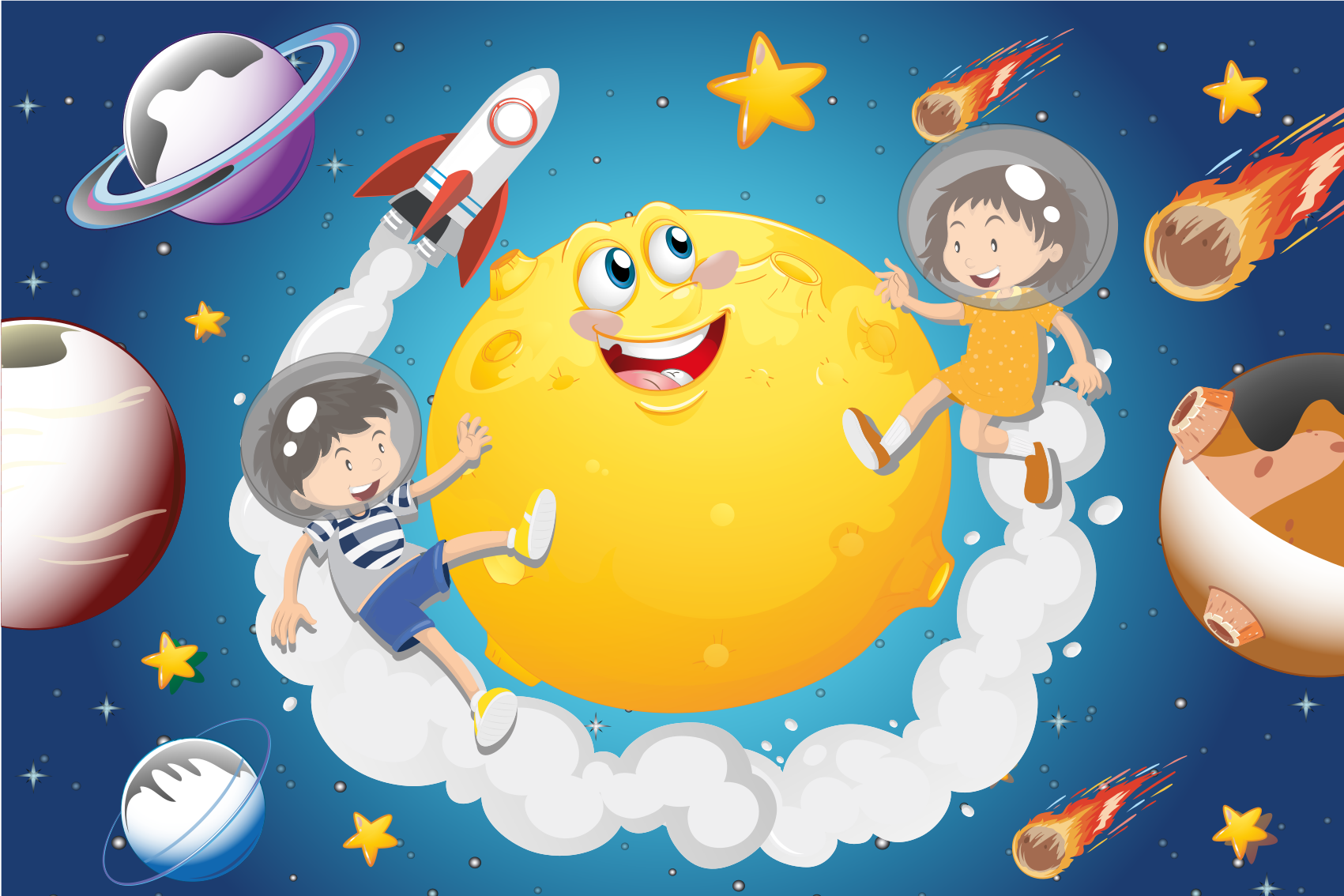 Tableau pour enfant Dessin animé enfants jouant dans l'espace - TenStickers