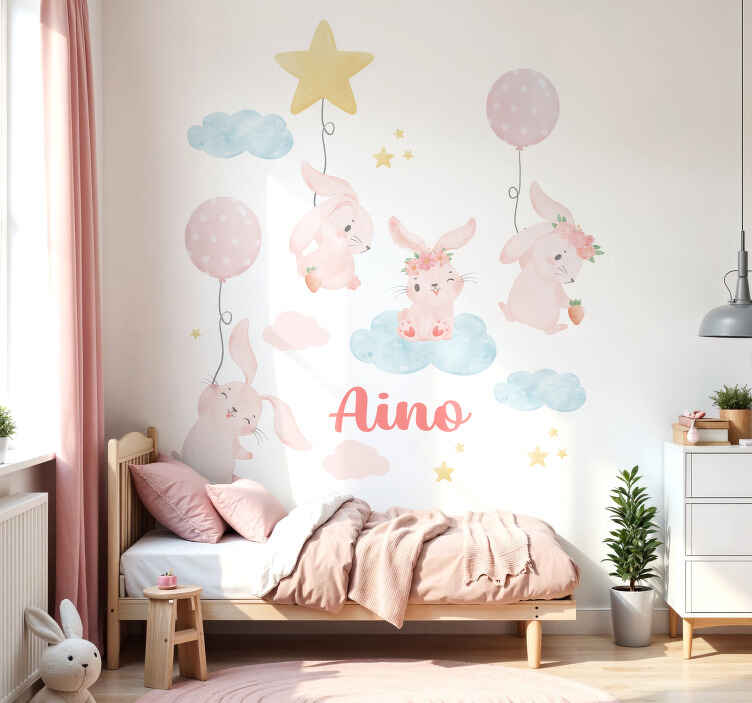 Vinilo pared globos rosas con conejitos - TenVinilo