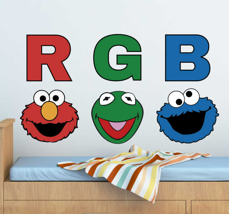 TenStickers. Muursticker Sesamstraat RGB. Muursticker Sesamstraat RGB met de hoofd karakters, een mooie wanddecoratie van een eeuwige vriendschap tussen deze kindervrienden van Sesamstraat.
