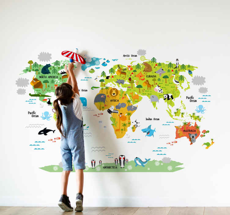 Sticker Mural enfant carte du monde animaux - TenStickers