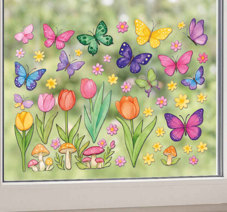 Vinilo para cristal ventana mariposas y plantas coloridas - TenVinilo