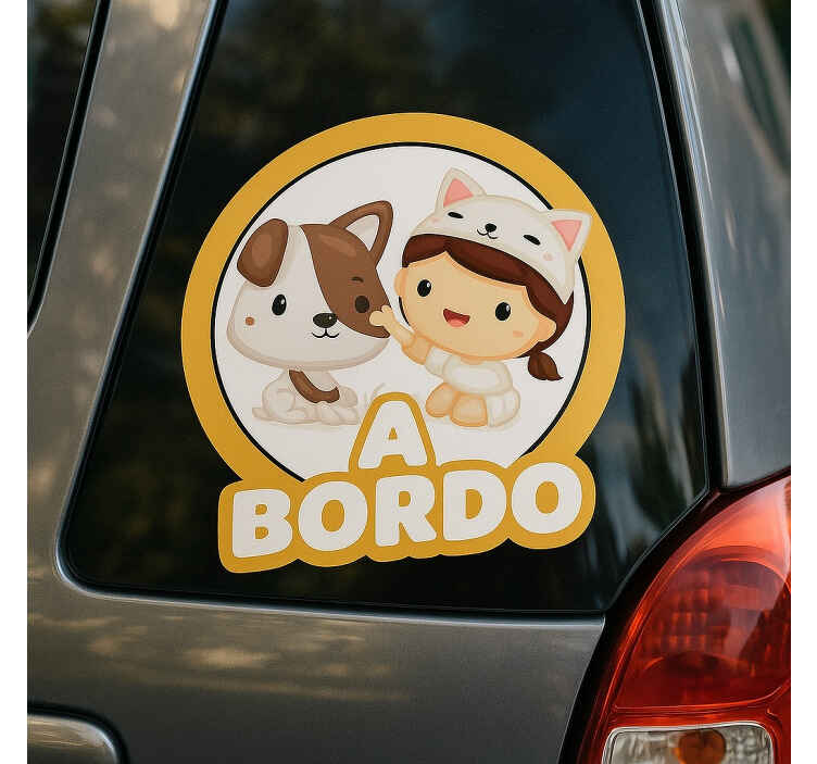 Pegatina bebé a bordo niña y perro en el viaje - TenVinilo