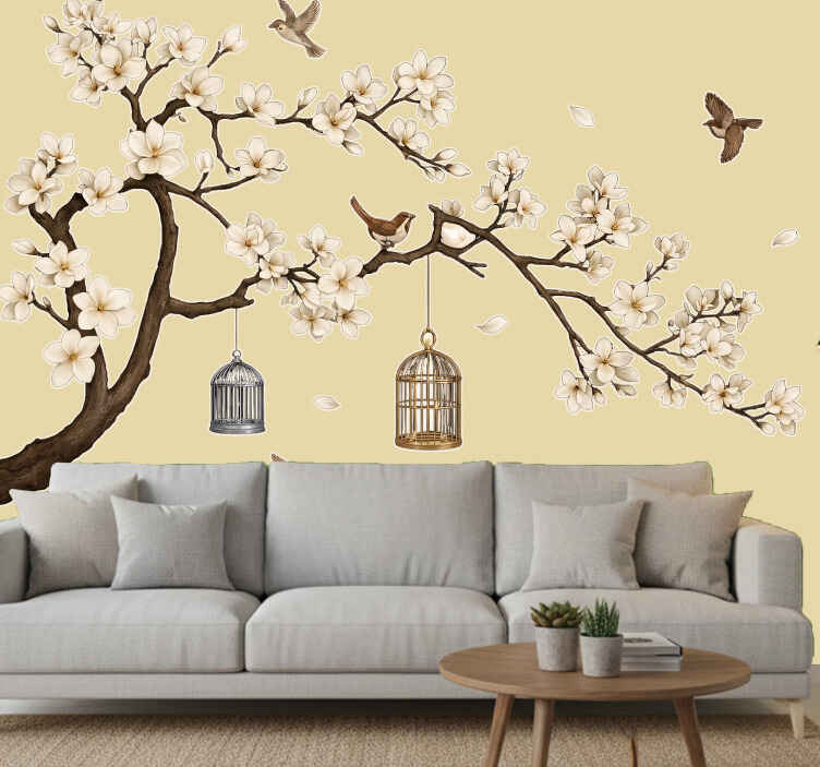 Vinilo para salón árbol floral con pájaros - TenVinilo