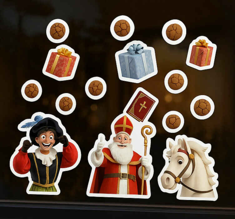Sticker fenêtre piet, sint, paard en pepernoten - TenStickers