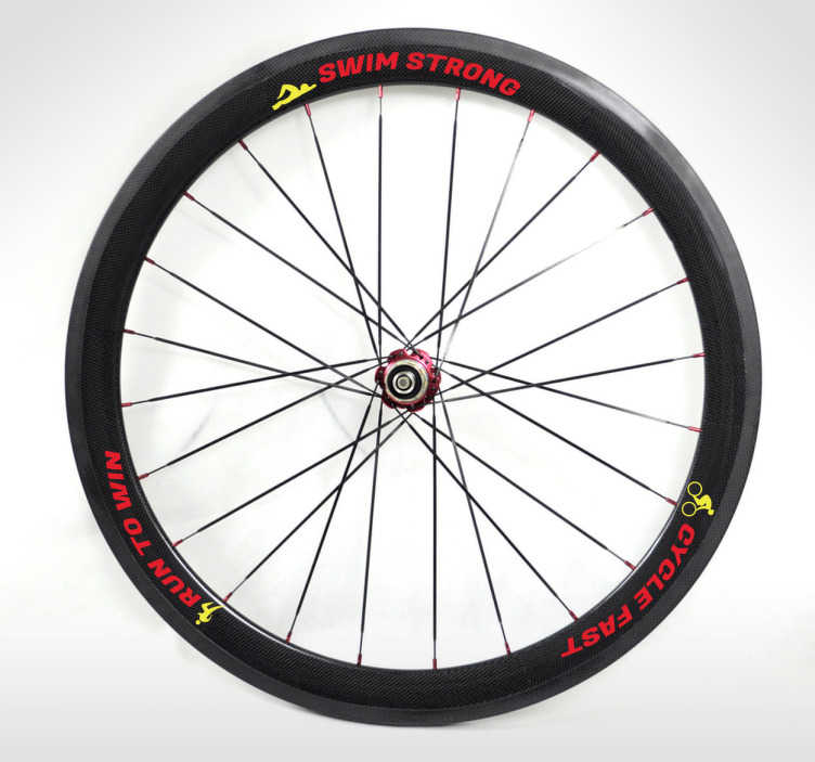 TenStickers. Sticker decorativo triatlo roda. Sticker decorativo ilustrando frases motivacionais importantes no triatlo! Decore a roda da sua bicicleta com este fantástico autocolante decorativo.