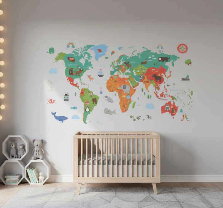Vinilo pared mapa mundial de continentes colorido - TenVinilo